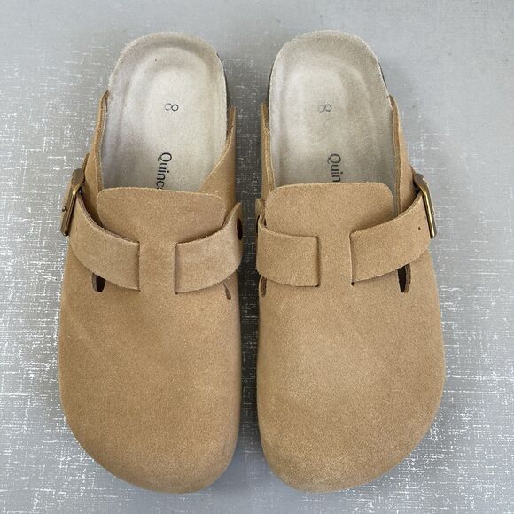 Quince Suede Leather Clogs Mules Size 8 Beige Water Repellent Comfort Shoes - Picture 2 of 13